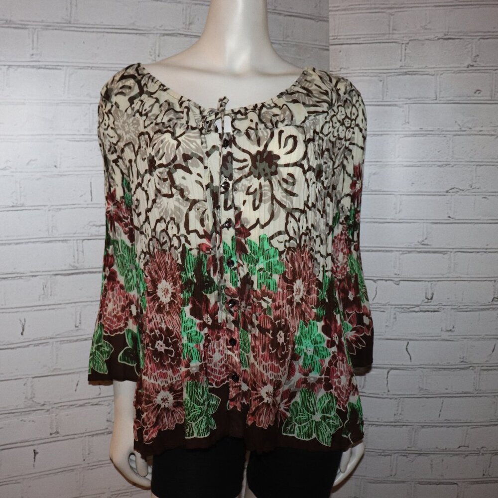 Larry Levine Floral Peasant Blouse in Cream, Brown, Green, Pink
